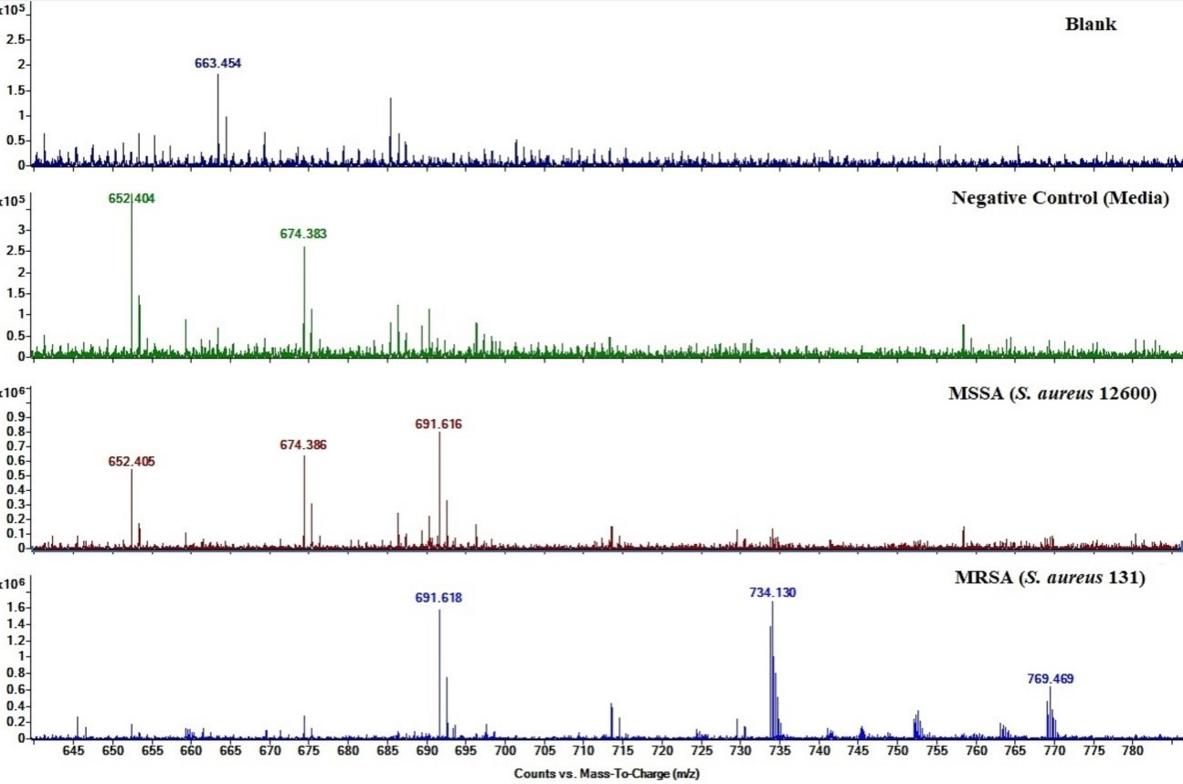 Comparison between the FIA-IM-MS spectra of blank, media, MSSA, and MRSA after 24 h incubation.
